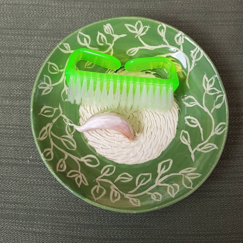 Lemon /& Lime Zester or Grater Garlic Grater Plate Pottery Green Plate Hand Carved White Leaves And Vines Garlic Puree