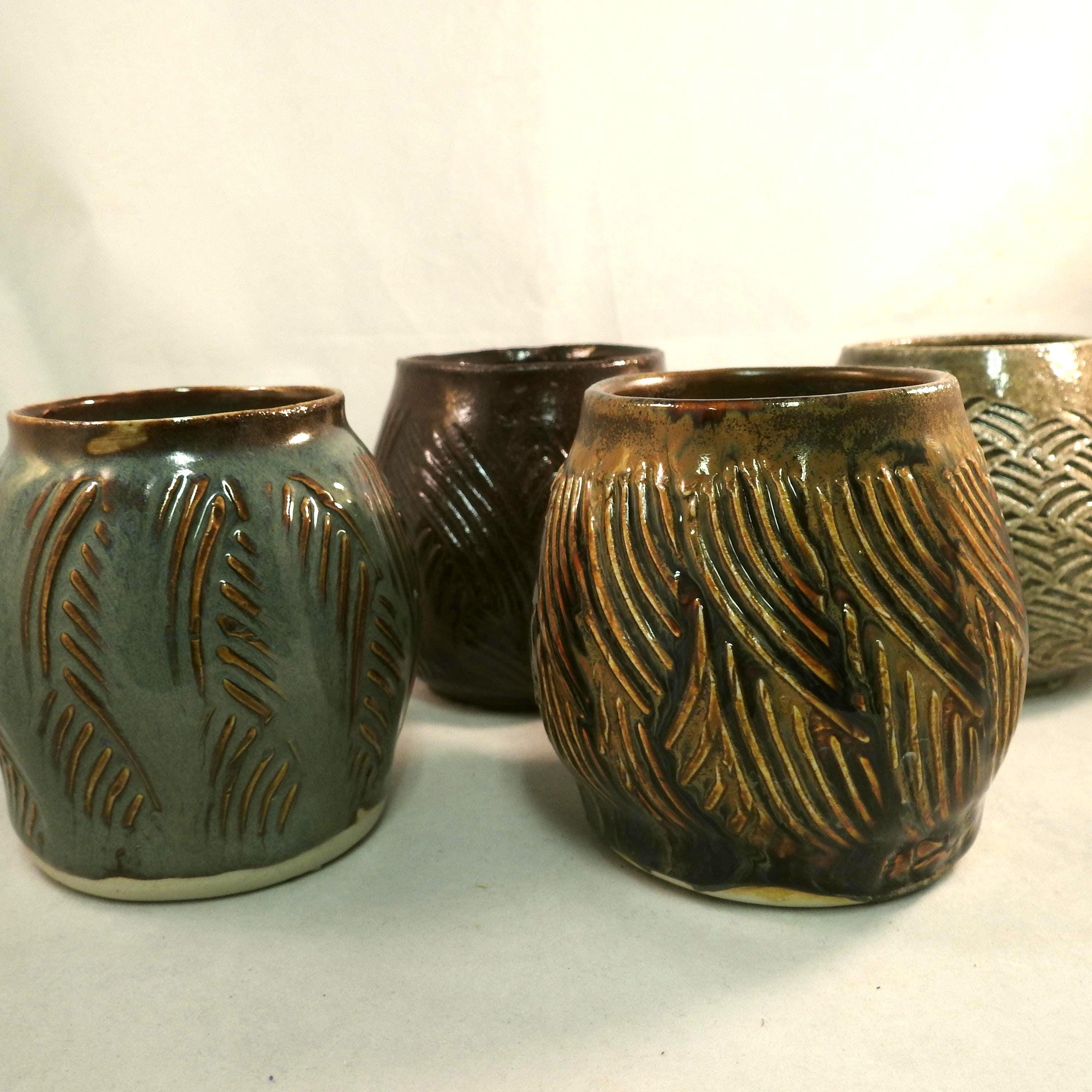 Ceramic Cups - Textured Ribbed Cups - 8 Ounce Pottery Mugs