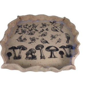 Ceramic Tray - 8 x 10 Inch Tray - Tray With Mushrooms & Birds - Serving Tray - For a Dresser