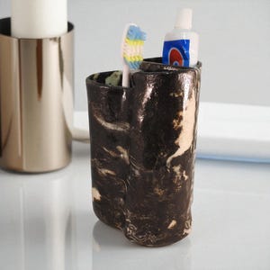 Handmade Ceramic Toothbrush Holder: Black & White Pottery Organizer