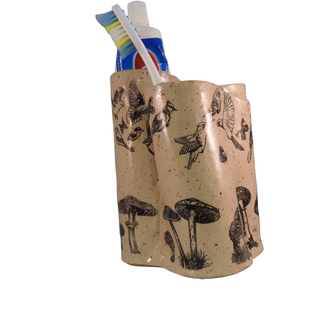 Toothbrush Holder With Mushrooms & Birds Ceramic Pencil Holder Etsy