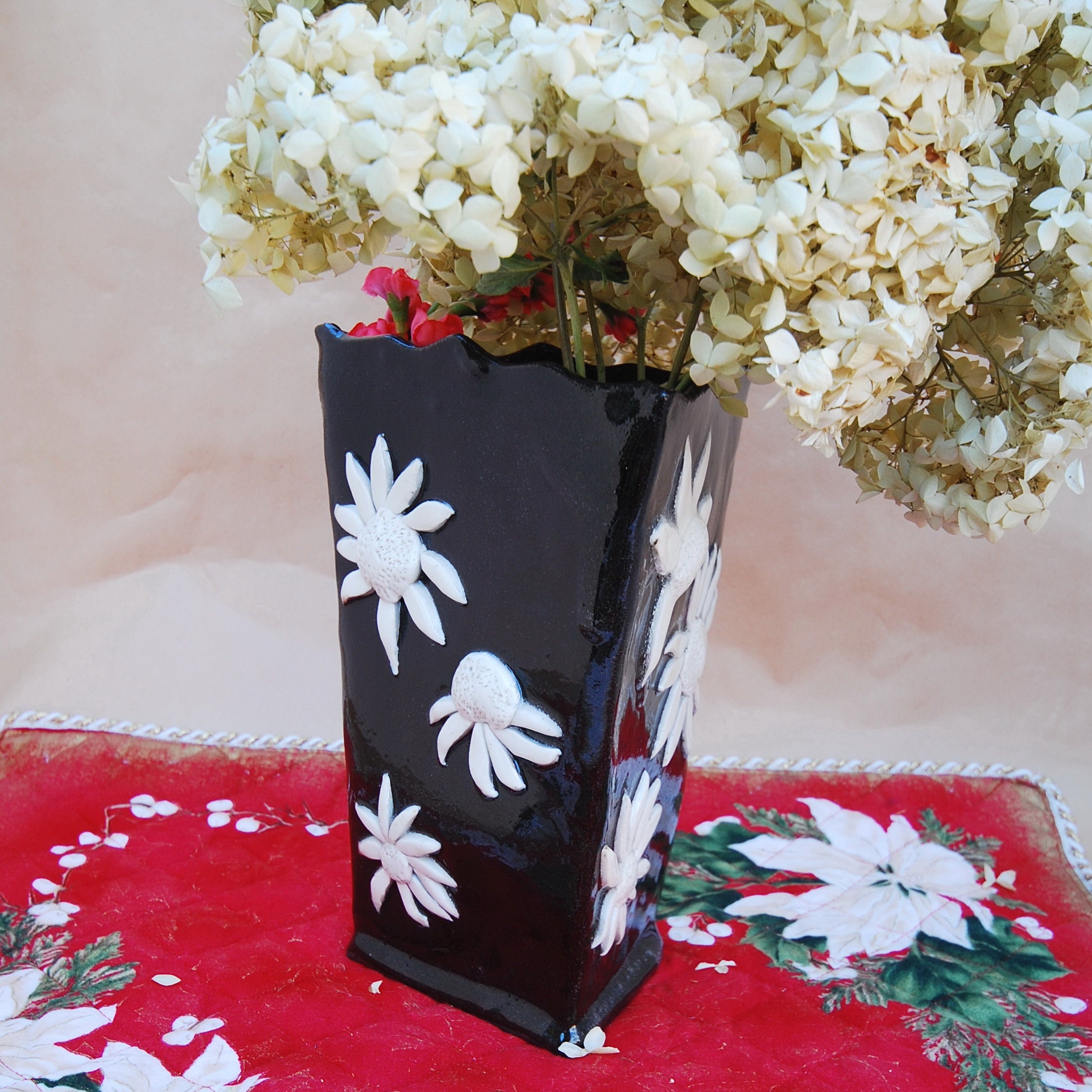 Flower Vase Black with White Flowers Pottery Hand Made Vase Etsy