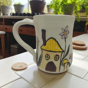 Mug - Ceramic Cup - 10 Ounce Mug - Hand Painted Mushroom Woodland Scene
