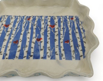 Ceramic Serving Tray - Blue Birch Trees on a Dining Tray - Rectangle Tray - Shallow Dish