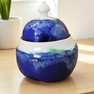 20 Ounce Blue & White Ceramic Dish with Lid - Sugar Bowl - Serving Container