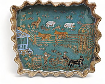 Ceramic Tray - Farm Scene Tray - Decorative Tray - Handmade 8 x 6 InchTray - Carved Tray