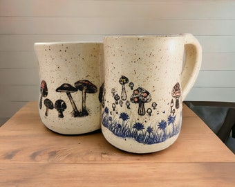 Ceramic Mug - Pottery Mug With Mushrooms - Speckled Mug with Mushrooms - 14 Ounce Mug