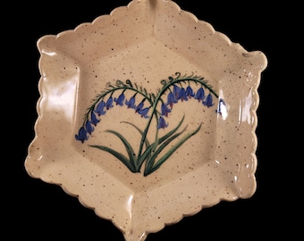 Speckled Beige Dish - Decor with Bluebells - Handpainted - 6.5 x 7.5 Inches