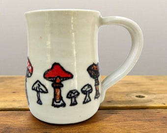 Mushroom Decorated 14 Ounce Mug - White Ceramic Wheel Thrown Cup