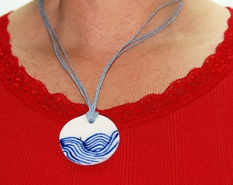 Necklace - Hand-Painted Pendant- Blue Waves Necklace -Ceramic Necklace