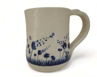 Ceramic Mug - Pottery Mug With Wildflowers - Mug with Blue Flowers - 14 Ounce Mug