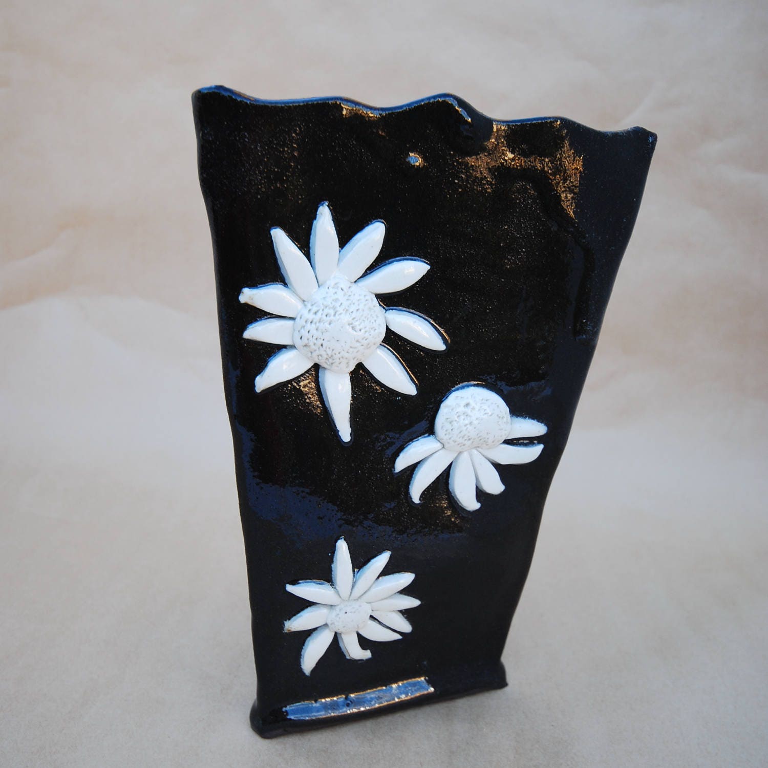 Flower Vase Black with White Flowers Pottery Hand Made Vase Etsy