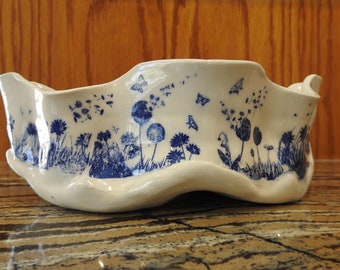 Serving Bowl - Porcelain Bowl - Blue Wildflowers on Bowl - Flower-shaped Bowl