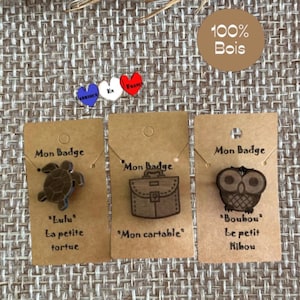 Badge en bois tortue hibou ou cartable. pin’s, insigne, épinglette accessoire sac, cartable, vêtements casquette enfants