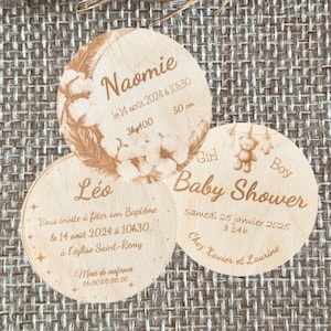 Faire part en bois, Faire part original rond, annoncer naissance, personnalisation bapteme. Carte bebe bois, baby shower, invitation bois.