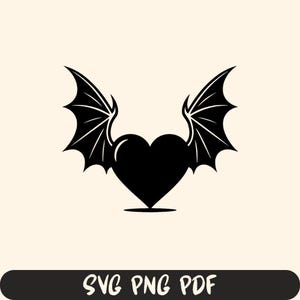 May include: A black heart shape with bat wings on a cream background. The heart has a small base and is centered. The wings are detailed with veins. The text "SVG PNG PDF" is in a black rectangle at the bottom.