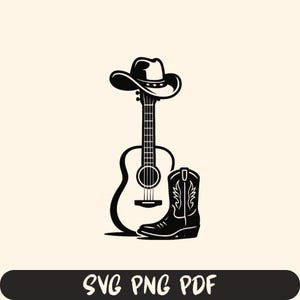 Cowboy Guitar Hat Boot SVG | Country Music Silhouette | Western Rustic Cut File