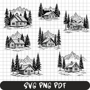 Mountain village svg, Cutting files for Cricut, Wall Decal Vector Art, Laser engraving design Rustic Wooden Cabin SVG Bundle,