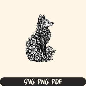 Floral Fox SVG for Cricut & Silhouette, Fox with Flowers  for Laser Cutting, Fox Clipart PNG, Sublimation Design, Digital Download