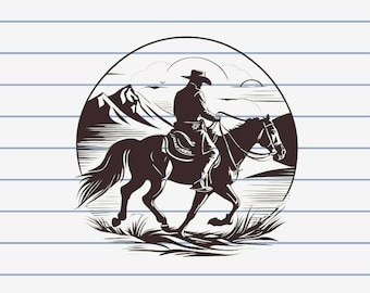 Archivo gráfico Svg y PNG de vaquero montando a caballo, clipart vectorial occidental, ilustración SVG para diseño de camisetas, fondo transparente para imprimir
