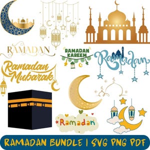 May include: A set of 10 Ramadan-themed digital clipart images. The images include a crescent moon, a mosque, lanterns, and various text designs that say "Ramadan", "Ramadan Mubarak", and "Ramadan Kareem".