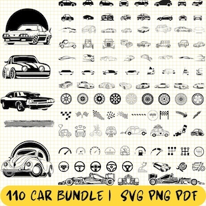 Könnte beinhalten: Ein Schwarzweiß-Bundle mit 110 digitalen Downloads von Auto-SVG-, PNG- und PDF-Dateien. Das Bundle enthält eine Vielzahl von Autodesigns, darunter Oldtimer, Sportwagen, LKW und mehr. Das Bundle enthält auch eine Vielzahl von Autoteilen, wie Räder, Reifen und Lenkräder.