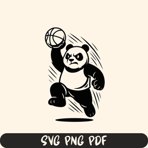 May include: A black and white illustration of a panda playing basketball. The panda is wearing a white shirt and has an angry expression. The image includes the text "SVG PNG PDF" in a black banner at the bottom.