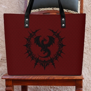 Sac à main en cuir PU avec dragon bordeaux - Cabas élégant avec écailles de dragon et anneau déchiré - Sac à main de grande capacité pour un usage quotidien