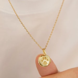 Puede incluir: Collar de cadena dorada con un pequeño colgante redondo en forma de medallón con una huella de pata.