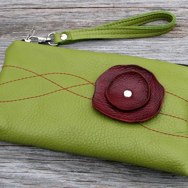 Leather Wristlet Wallet with detachable strap - Burgundy Poppy on Green Grass