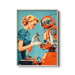 Retro Sci-Fi Art Print: Woman Repairing Vintage Orange Robot, Mid-Century Style Wall Decor, Futuristic Mechanic Scene, Vintage Engineering