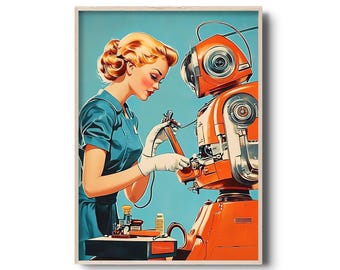 Retro Sci-Fi Art Print: Woman Repairing Vintage Orange Robot, Mid-Century Style Wall Decor, Futuristic Mechanic Scene, Vintage Engineering