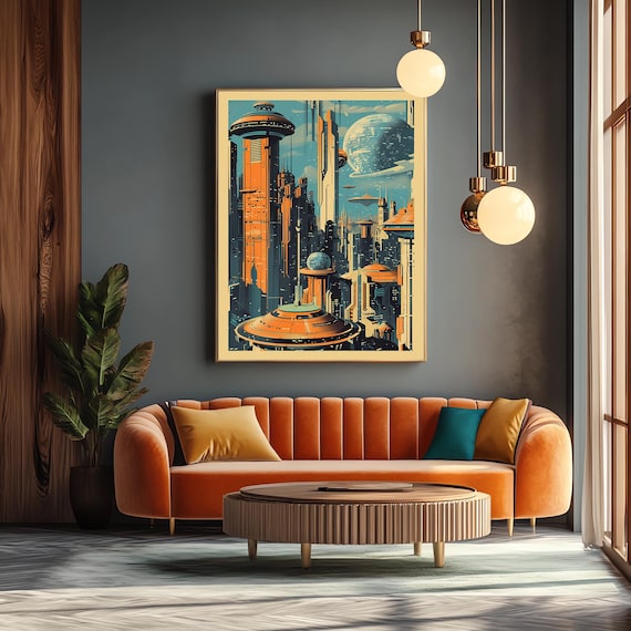 Minimalist Retro Futuristic Sci-fi Cityscape Print - Mid