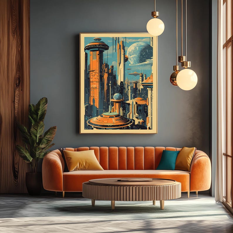 K&ouml;nnte beinhalten: Eine Illustration im Retro-Stil einer futuristischen Stadt mit hohen Geb&auml;uden, einer fliegenden Untertasse und einem Planeten im Hintergrund. Die Illustration ist auf einem Poster mit cremefarbenem Rand gedruckt.