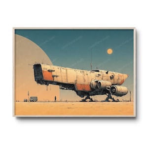 Könnte beinhalten: Gerahmter Druck einer Science-Fiction-Illustration. Das Kunstwerk zeigt ein großes, verwittertes Raumschiff in Orange- und Weißtönen, vor einer Wüstenlandschaft mit einem großen Planeten und einer Sonne. Ein kleiner Bus und eine Figur sind im Vordergrund.