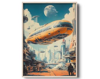 Retro Futuristic Metropolis Print - Sci-Fi Art with Hovercraft, Space Skyline & Vintage Futurism Aesthetic | Flying Vehicles illustration
