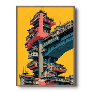 May include: Architectural print featuring a futuristic cityscape with a vibrant yellow background. The artwork showcases a complex structure with red, blue, and gray elements, framed in a wooden border. The design evokes a sense of modern urban planning.