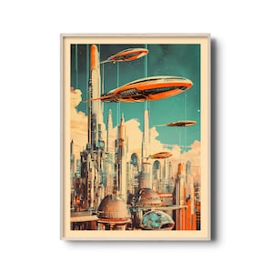 Stampa artistica da parete Retro Futurism - Paesaggio urbano fantascientifico vintage con navi galleggianti, poster in stile Mid-Century, illustrazione di arredamento Space Age