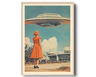 May include: A woman in a bright orange dress stands in front of a building, looking up at a flying saucer in the sky. The saucer is white with a gray underside and is hovering above the building.