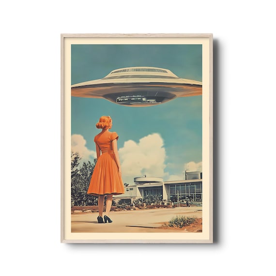 Retro UFO Poster Wall Art - Vintage 1950s Sci-Fi Print, Mid-Century Woman & Spaceship Decor, Futuristic Alien Theme Artwork for Home