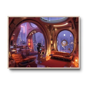 Puede incluir: Una sala de estar futurista con grandes ventanales que dan a una ciudad de noche. La sala tiene un sofá, una mesa de café y un escritorio. Las paredes son blancas y el suelo es de color gris oscuro. Las ventanas son redondas y ofrecen una vista del horizonte de la ciudad.