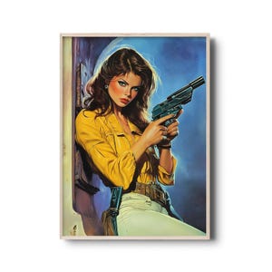 Stampa artistica vintage di Pulp Fiction / Illustrazione retrò di una femme fatale / Arte murale noir anni '70 / Decorazione con eroina armata / Arte murale retrò di fantascienza