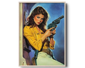 Vintage Pulp Fiction Art Print | Retro Femme Fatale Illustration | 70s Noir Wall Art | Gun-Wielding Heroine Decor | Retro Sci-Fi Wall Art