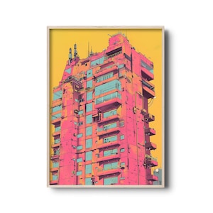 Cyberpunk Futuristic Cityscape Wall Art | Vibrant Pink & Blue Apartment Building Illustration | Sci-Fi Urban Decor | Retro Futurism Print