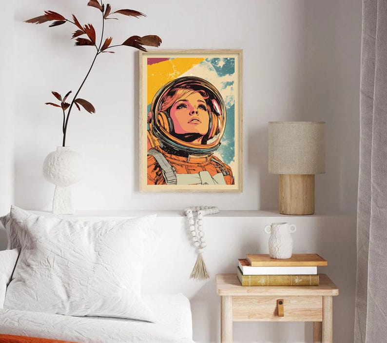 Retro Astronaut Girl Art Print - Vibrant Space Age-inspired Wall Decor ...