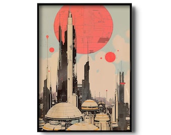 Futuristic City Illustration | Sci-fi Art Print | Retro Futurism Wall Art | Concept City Scape Decor | Vintage City Print | Fantasy City Art
