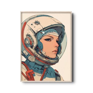 Ritratto di donna astronauta futuristica - Stampa artistica spaziale fantascientifica retrò, decorazione da parete moderna, estetica dell'esplorazione spaziale, stampa vintage dell'era spaziale