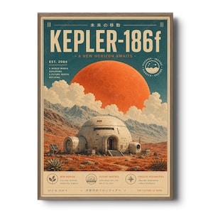 Poster di una colonia spaziale retro-futuristica con paesaggio di un pianeta alieno e habitat fantascientifico cinematografico.