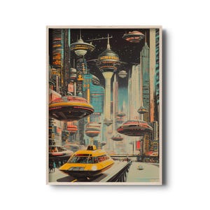 Vintage retro futurisme stadsgezicht print – Sci-Fi stedelijke scène met zwevende auto's en vliegende bussen, muurkunst uit het midden van de eeuw, futuristische stad