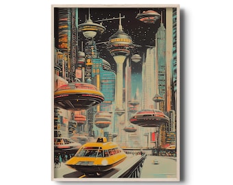 Vintage Retro Futurism Cityscape Print – Sci-Fi Urban Scene with Hover Cars & Flying Buses, Mid-Century Style Wall Art, Futuristic City